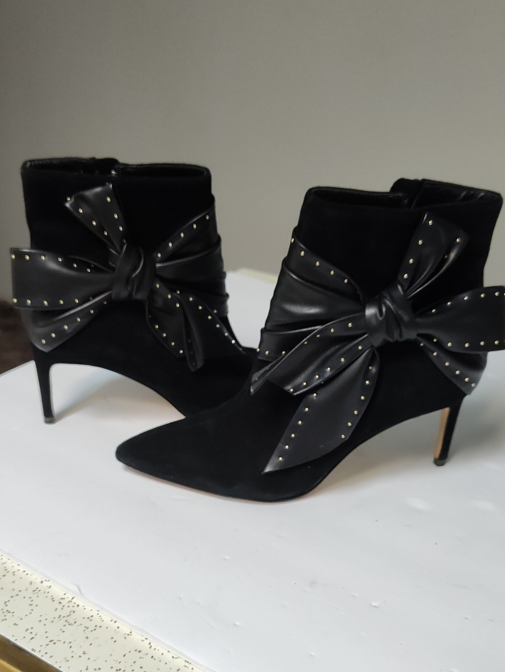 White House Black Market Black Suede Pointed Ankle Boots with Studded Bow